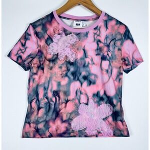 Desigual Collina Strada T Shirt Medium Pink Floral Lace Applique Graphic Top